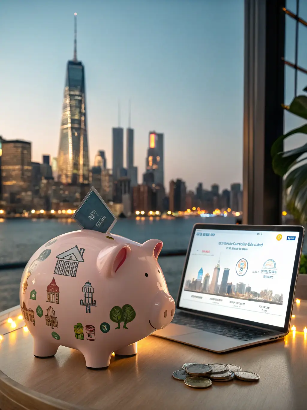 A piggy bank with architectural blueprints in the background, representing the affordability of ByteWorth Designs' services.